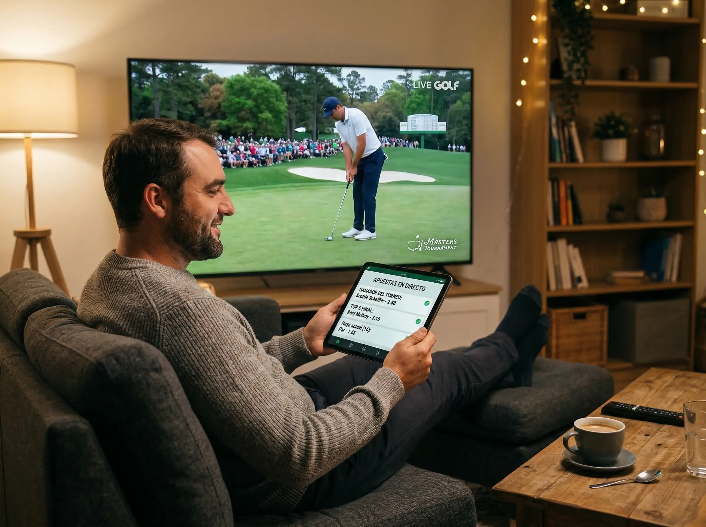 Persona siguiendo un torneo de golf en directo con cuotas actualizadas en pantalla