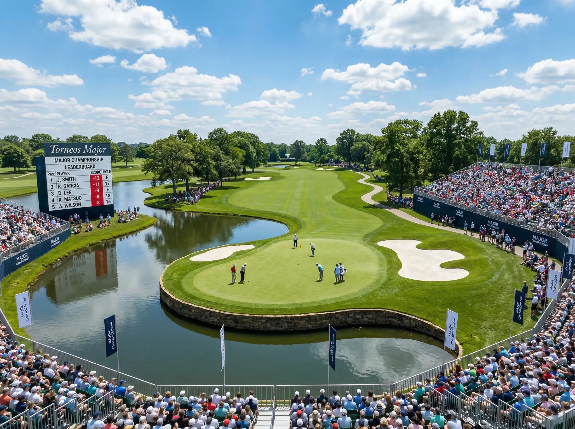 Campo de golf durante un Major con tribunas y público siguiendo la competición